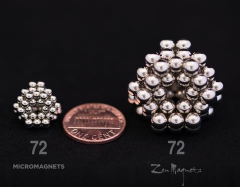 72 Micromagnets beside a penny and the same 72-sphere shape in full-size Zen Magnets