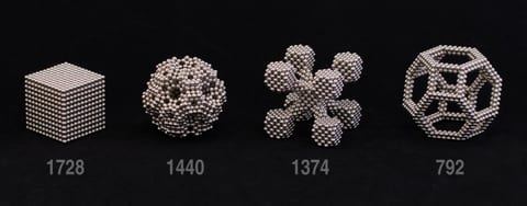 Micromagnet builds of 1728, 1440, 1374 and 792 spheres: a cube, a ball, a jack and a polyhedral frame