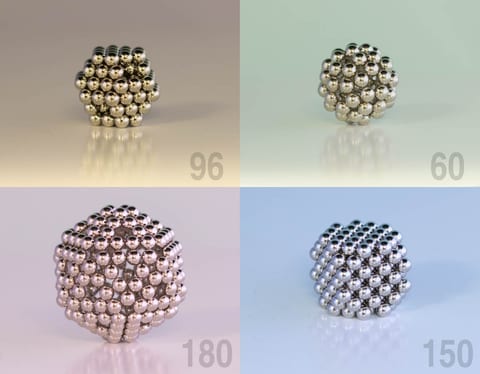 Four small Micromagnet polyhedra of 96, 60, 180 and 150 spheres